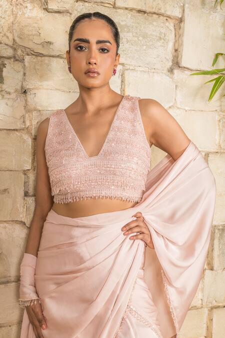Shop_J By Jannat_Blush Satin, Chiffon, Organza Embroidery Pink Blouse And Pre-draped Saree Set _Online_at_Aza_Fashions