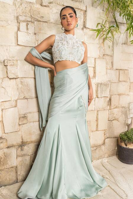 Buy_J By Jannat_Blue Satin, Chiffon, Shantoon, Organza Grayish Pre-draped Saree And Blouse Set _Online_at_Aza_Fashions