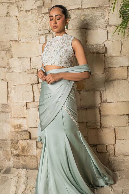 Shop_J By Jannat_Blue Satin, Chiffon, Shantoon, Organza Grayish Pre-draped Saree And Blouse Set _Online_at_Aza_Fashions