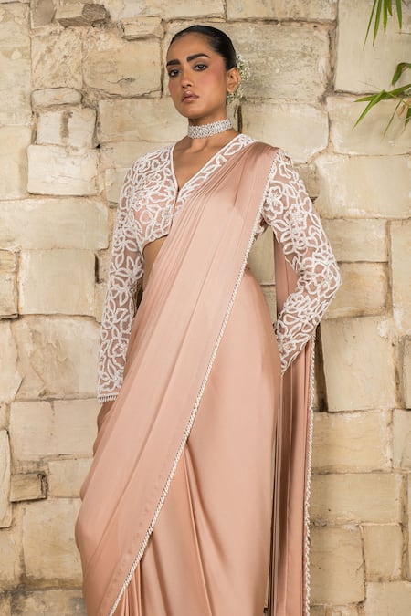 J By Jannat_Pink Satin, Chiffon, Organza, Shantoon Dust Rose Pre-stitched Saree Set _Online_at_Aza_Fashions