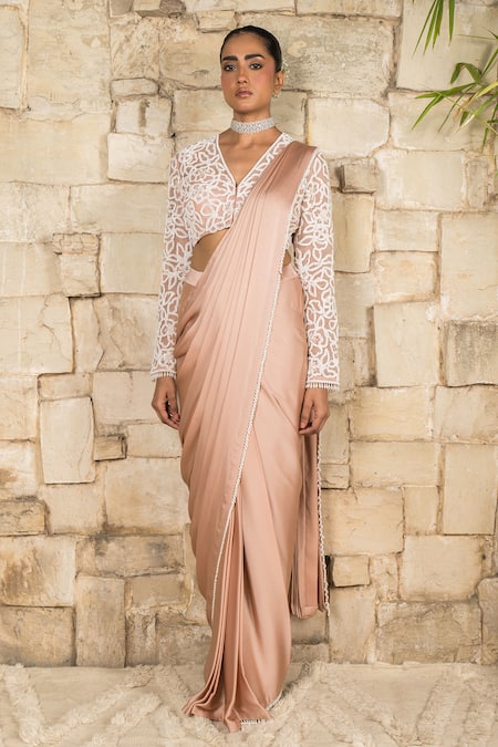 Buy_J By Jannat_Pink Satin, Chiffon, Organza, Shantoon Dust Rose Pre-stitched Saree Set _Online_at_Aza_Fashions