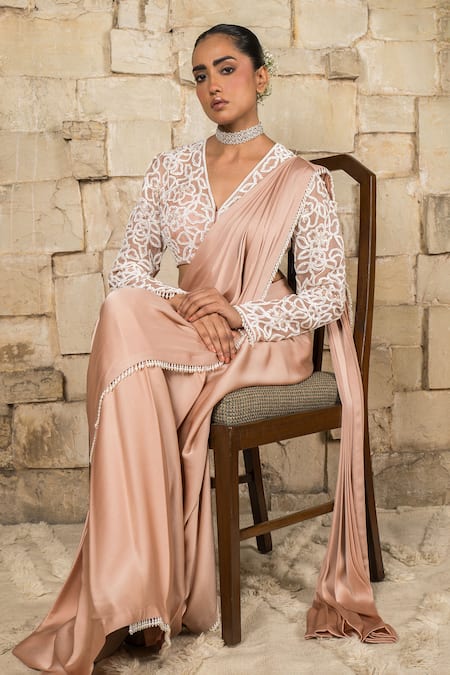 Shop_J By Jannat_Pink Satin, Chiffon, Organza, Shantoon Dust Rose Pre-stitched Saree Set _Online_at_Aza_Fashions