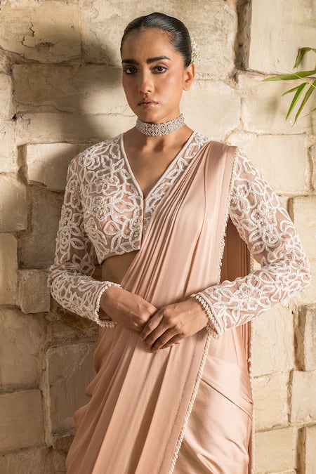 Buy_J By Jannat_Pink Satin, Chiffon, Organza, Shantoon Dust Rose Pre-stitched Saree Set 