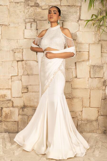 J By Jannat_Ivory Satin, Chiffon, Shantoon Embroidery, Beads Pre-draped Saree And Blouse Set _Online_at_Aza_Fashions