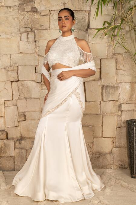 Shop_J By Jannat_Ivory Satin, Chiffon, Shantoon Embroidery, Beads Pre-draped Saree And Blouse Set _Online_at_Aza_Fashions