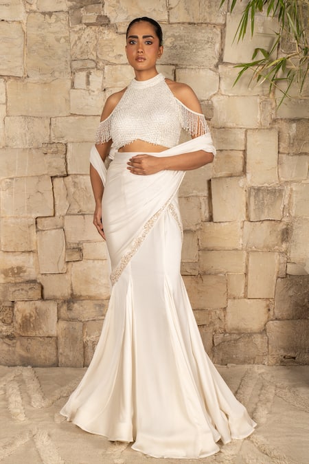 J By Jannat Ivory Satin, Chiffon, Shantoon Embroidery, Beads Pre-draped Saree And Blouse Set 