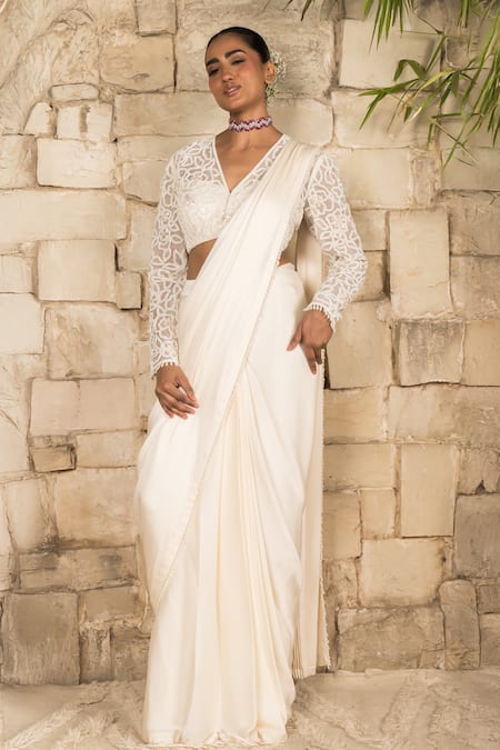 J By Jannat Ivory Satin, Chiffon, Organza Embroidery V-neck Pre-stitched Saree And Blouse Set