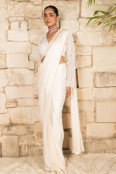 J By Jannat_Ivory Satin, Chiffon, Organza Embroidery V-neck Pre-stitched Saree And Blouse Set _Online_at_Aza_Fashions