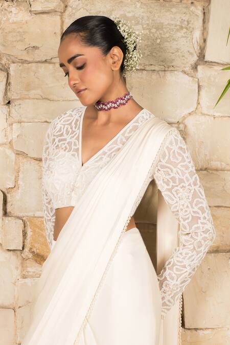 Buy_J By Jannat_Ivory Satin, Chiffon, Organza Embroidery V-neck Pre-stitched Saree And Blouse Set _Online_at_Aza_Fashions