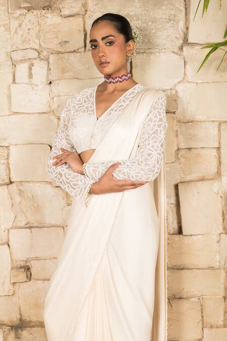 Shop_J By Jannat_Ivory Satin, Chiffon, Organza Embroidery V-neck Pre-stitched Saree And Blouse Set _Online_at_Aza_Fashions