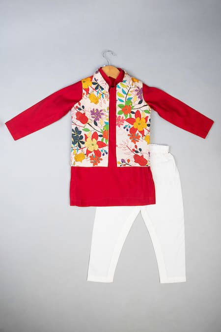 Lil Angels Multi Color Silk Floral Nehru Jacket And Red Kurta Set 