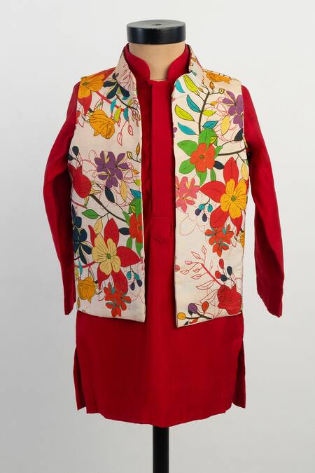 Lil Angels Multi Color Silk Floral Nehru Jacket And Red Kurta Set Online at Aza Fashions Lil Angels_Multi Color Silk Floral Nehru Jacket And Red Kurta Set _Online_at_Aza_Fashions