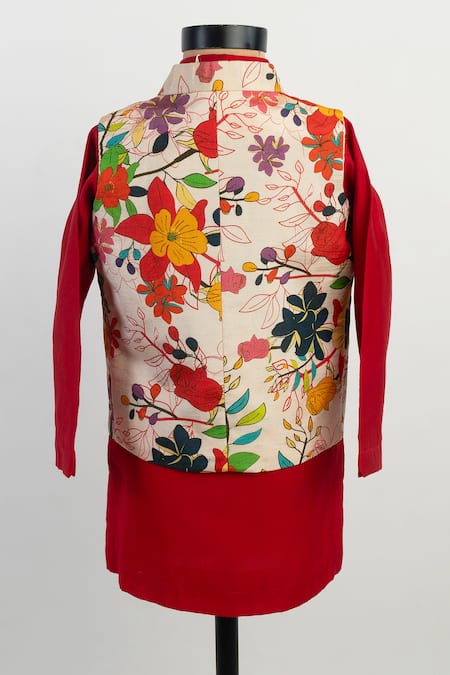 Shop Lil Angels Multi Color Silk Floral Nehru Jacket And Red Kurta Set at Aza Fashions Shop_Lil Angels_Multi Color Silk Floral Nehru Jacket And Red Kurta Set _at_Aza_Fashions