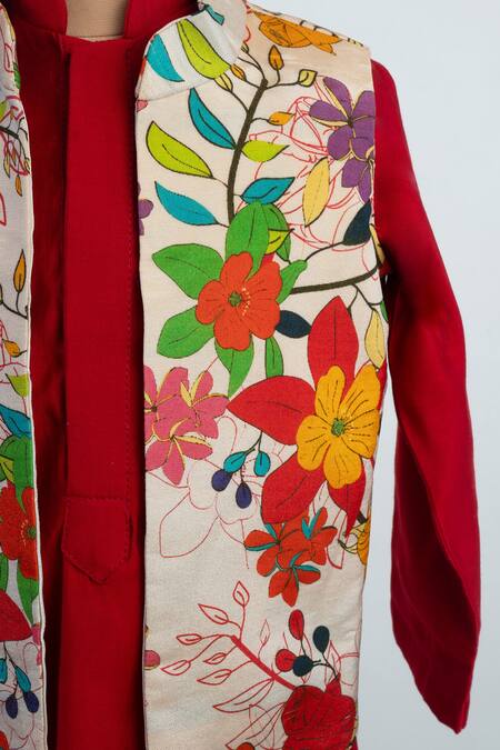 Buy Lil Angels Multi Color Silk Floral Nehru Jacket And Red Kurta Set Online at Aza Fashions Buy_Lil Angels_Multi Color Silk Floral Nehru Jacket And Red Kurta Set _Online_at_Aza_Fashions