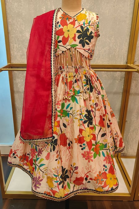 Lil Angels Multi Color Silk Embroidery Floral Dori Lehenga Set 