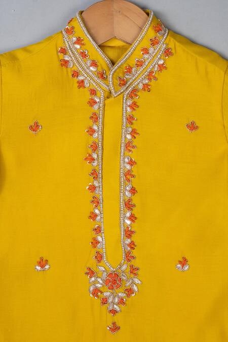 Lil Angels_Yellow Silk Embroidery Mustard Knot Kurta Set _Online_at_Aza_Fashions