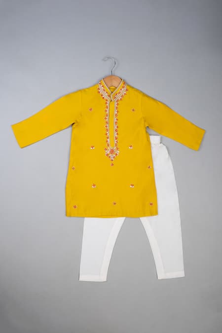 Lil Angels Yellow Silk Embroidery Mustard Knot Kurta Set 