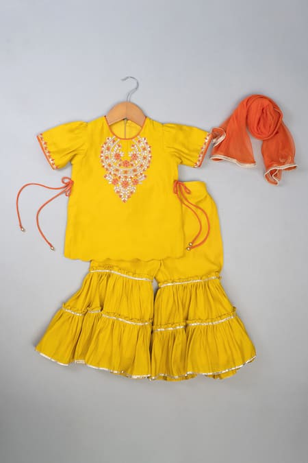 Lil Angels Yellow Silk Embroidery, Zari Mustard Knot Sharara Set 