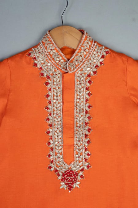 Lil Angels_Orange Silk Embroidery Knot Kurta Set _Online_at_Aza_Fashions