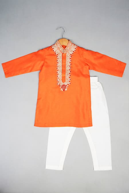 Lil Angels Orange Silk Embroidery Knot Kurta Set