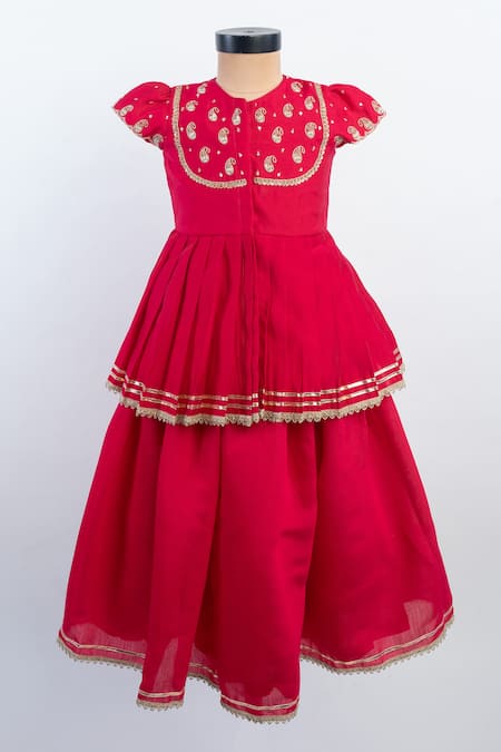 Lil Angels Pink Silk Embroidery Kairi Peplum Top And Lehenga Set 