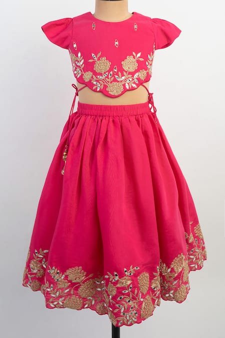 Lil Angels Pink Silk Tassels, Embroidery Thread Lehenga And Blouse Set 