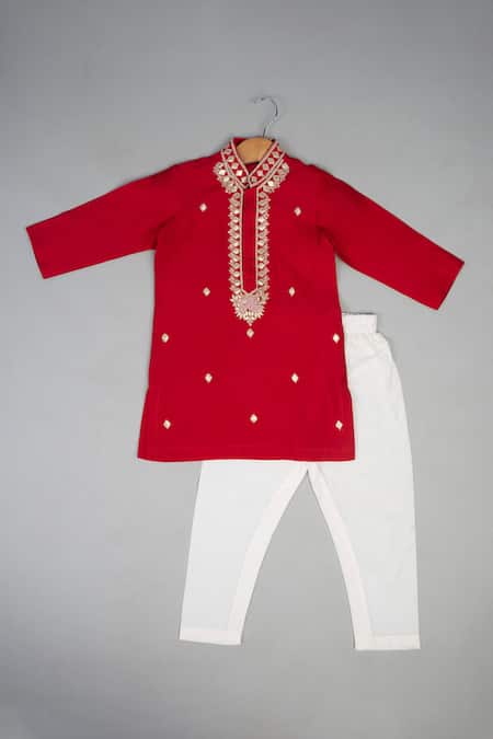 Lil Angels Red Silk Embroidery Knot Kurta Set 