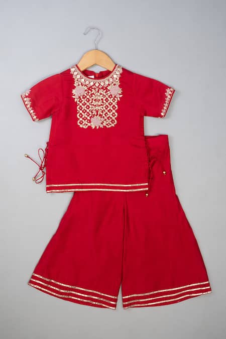 Lil Angels Red Silk Embroidery, Lace Knot Palazzo Set 