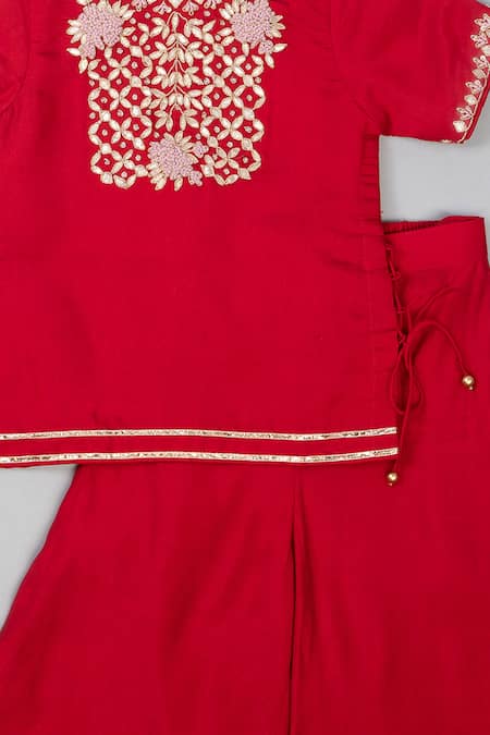 Lil Angels_Red Silk Embroidery, Lace Knot Palazzo Set _Online_at_Aza_Fashions