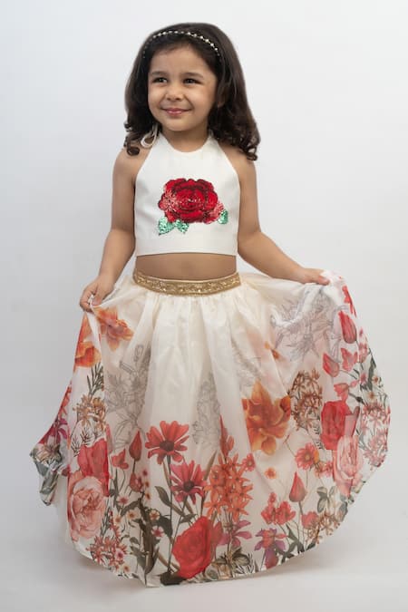 Lil Angels_Off White Silk, Organza Embroidery Floral Print Lehenga Set _Online_at_Aza_Fashions