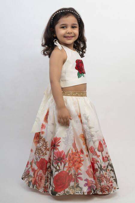 Buy_Lil Angels_Off White Silk, Organza Embroidery Floral Print Lehenga Set _Online_at_Aza_Fashions