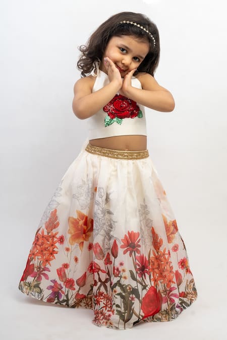 Shop_Lil Angels_Off White Silk, Organza Embroidery Floral Print Lehenga Set _Online_at_Aza_Fashions
