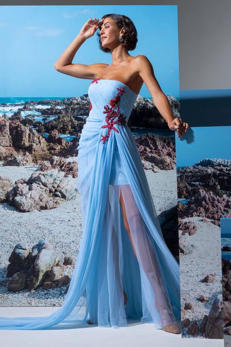 Buy_Nautanky_Blue Cotton, Linen, Net Sequins Off-shoulder Ice Designer Dress 