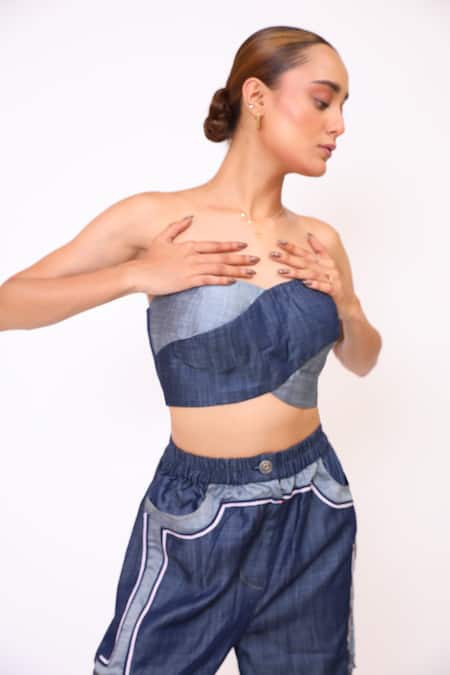 BAANI KHURANA Navy Blue Denim Crop Top & Pant Set 