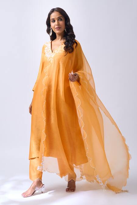 House Of Pink_Orange Chanderi, Organza Embroidery, Pearls V-neck Light Kurta Set _at_Aza_Fashions