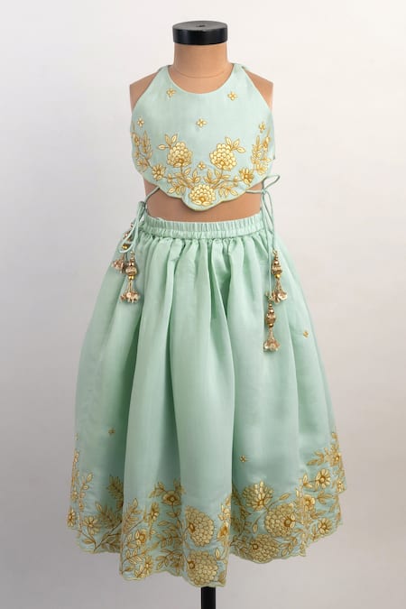 Lil Angels Blue Silk Tassels, Embroidery Thread Lehenga And Blouse Set 