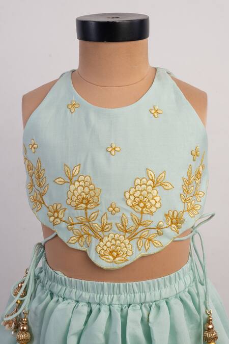 Lil Angels_Blue Silk Tassels, Embroidery Thread Lehenga And Blouse Set _Online_at_Aza_Fashions