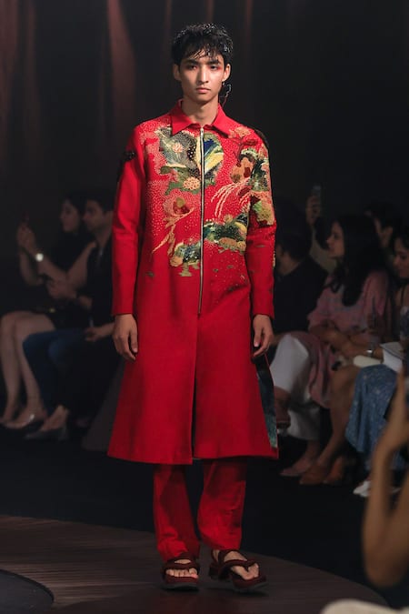 Til Red Cotton Embroidery Long Jacket Kurta Set 