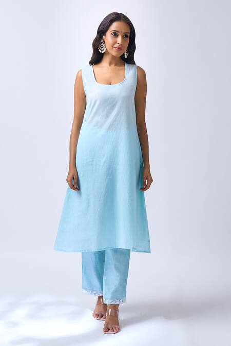 Shop_House Of Pink_Blue Chanderi, Organza Embroidery, Pearls Collared Powder Kurta Set 