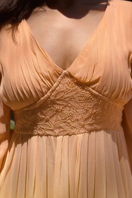 Buy LABEL AISHWARYRIKA Peach Georgette Embroidery V-neck Chikankari Corset Dress Online at Aza Fashions Buy_LABEL AISHWARYRIKA_Peach Georgette Embroidery V-neck Chikankari Corset Dress _Online_at_Aza_Fashions