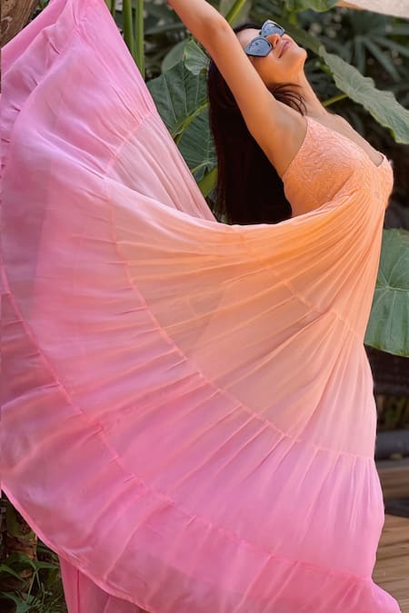 LABEL AISHWARYRIKA_Peach Georgette Embroidery V-neck Ombre Chikankari Maxi Dress _Online_at_Aza_Fashions