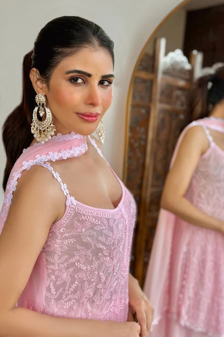 LABEL AISHWARYRIKA_Pink Georgette Embroidery Round Neck Chikankari Gharara Short Kurta Set _Online_at_Aza_Fashions