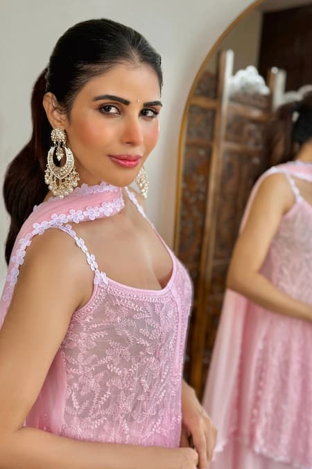Buy_LABEL AISHWARYRIKA_Pink Georgette Embroidery Round Neck Chikankari Gharara Short Kurta Set _Online_at_Aza_Fashions