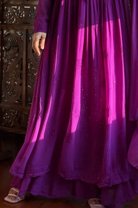 LABEL AISHWARYRIKA_Purple Georgette Embroidery Round Neck Rose Chikankari Anarkali Set _Online_at_Aza_Fashions