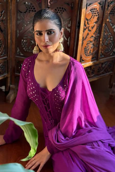 Buy_LABEL AISHWARYRIKA_Purple Georgette Embroidery Round Neck Rose Chikankari Anarkali Set _Online_at_Aza_Fashions