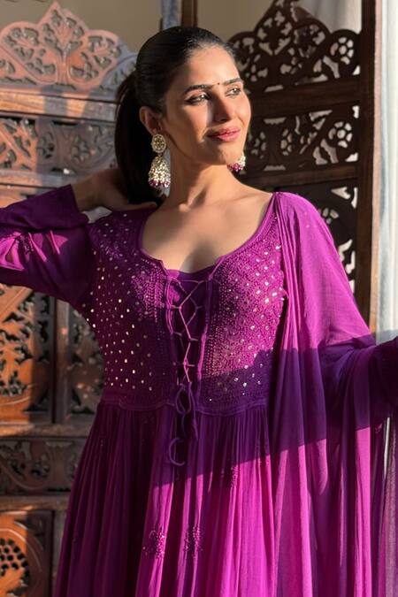 Shop_LABEL AISHWARYRIKA_Purple Georgette Embroidery Round Neck Rose Chikankari Anarkali Set _Online_at_Aza_Fashions