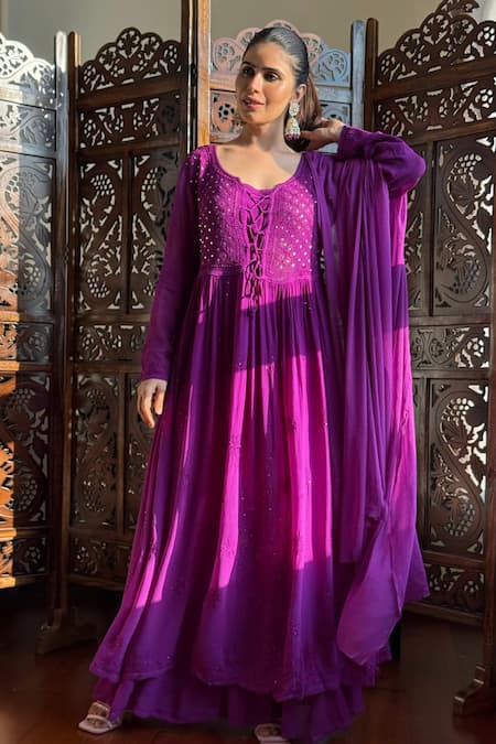 Label Aishwaryrika Purple Georgette Embroidery Round Neck Rose Chikankari Anarkali Set 