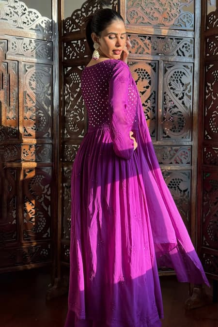 LABEL AISHWARYRIKA Purple Rose Chikankari Anarkali Set 