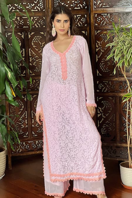 LABEL AISHWARYRIKA Pink Chikankari Lace Kurta Set 