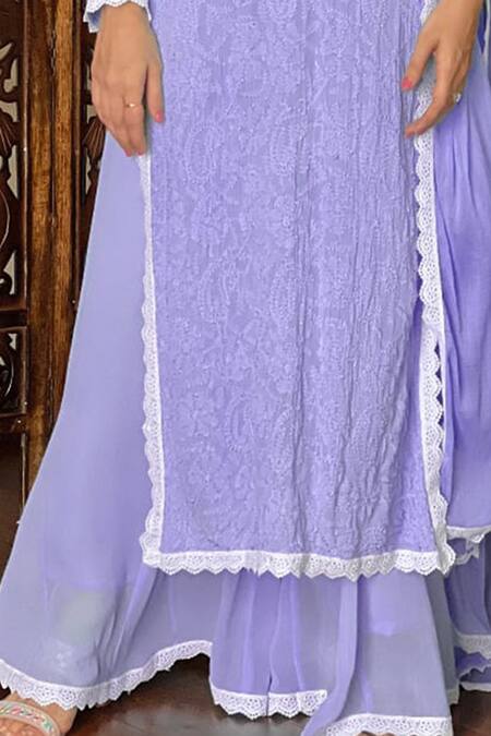 LABEL AISHWARYRIKA_Lavender Georgette Embroidery Round Neck Mauve Eclipse Chikankari Lace Kurta Set _Online_at_Aza_Fashions